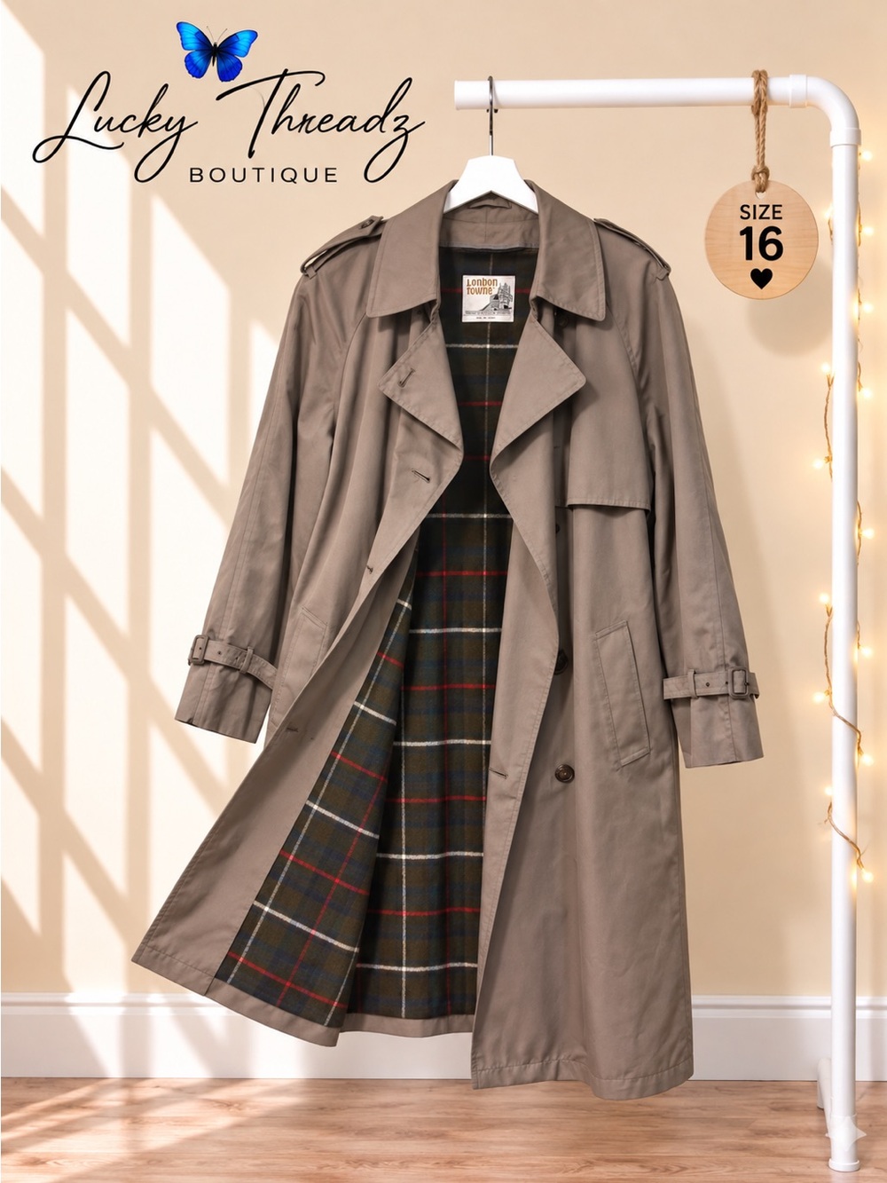Vintage London Towne Trench Coat Taupe Plaid Zip-Out Liner Belted Women’s 16